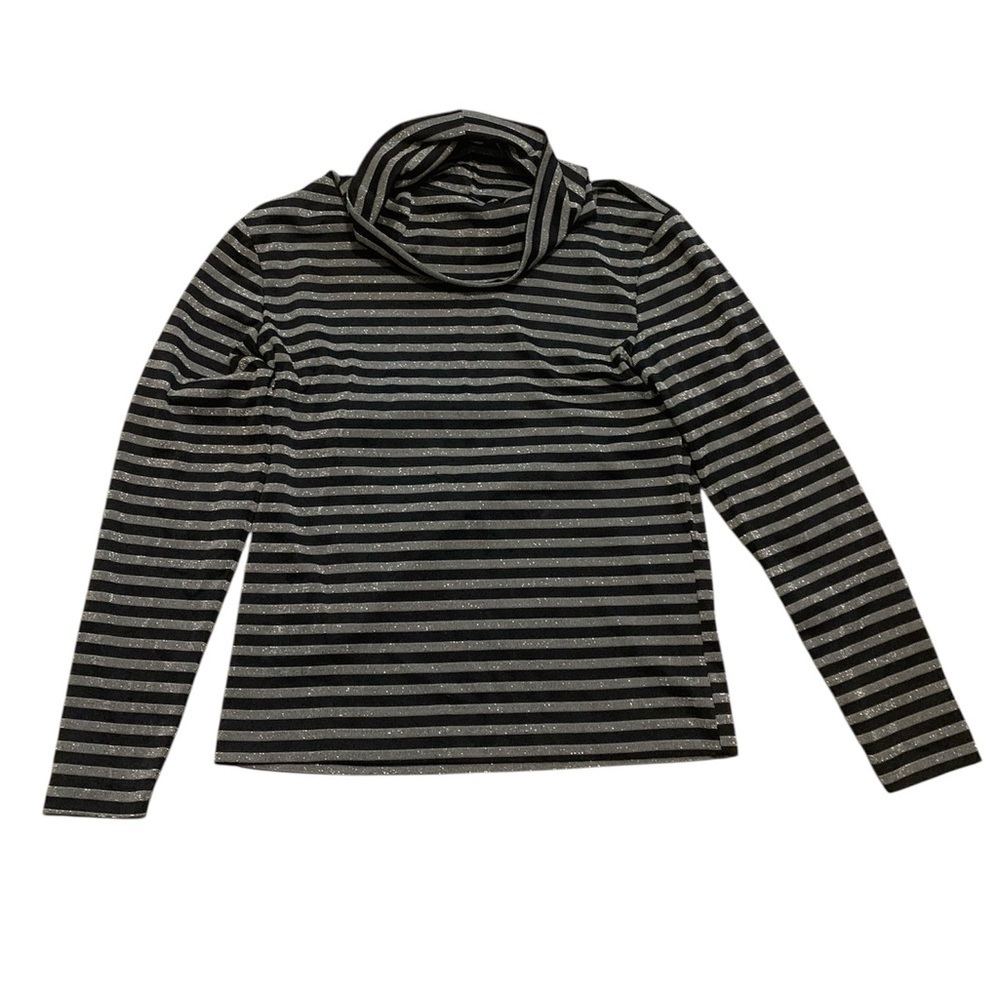 Vintage Sparkly Striped Cowl Neck Long Sleeve Top - Black Silver Metallic S/M